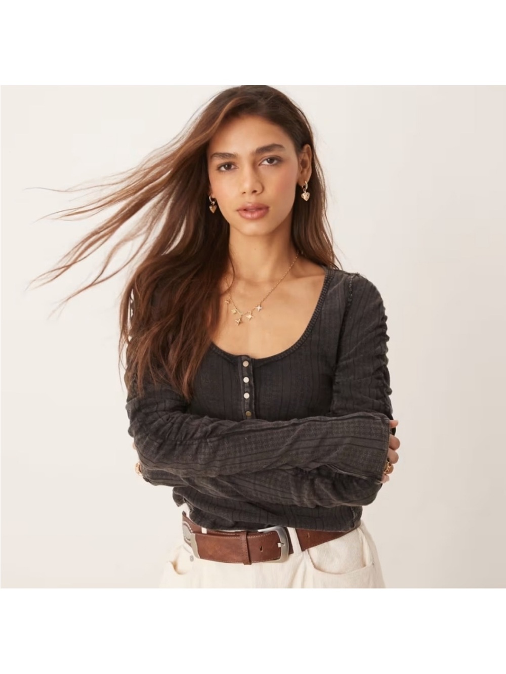 We The Free Pointelle hope Henley Top Women's Small Black